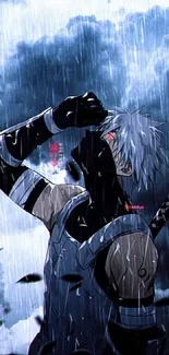 Anime warrior standing in rain with dark clouds background.