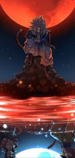 Anime character with red moon in dramatic scene.