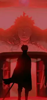 Silhouette against a red anime monument scene.