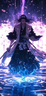 Anime samurai standing in mystical water with swords and vibrant background.