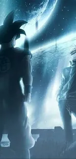 Epic anime battle scene with cosmic background.