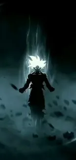 Epic anime silhouette with dark energy background.