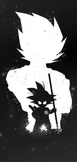 Anime silhouette with spiky hair in bold black and white contrast on mobile wallpaper.