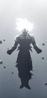 Epic anime silhouette with glowing aura and floating stones.