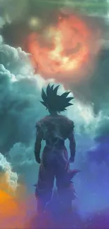 Silhouetted anime character against colorful sky with clouds.