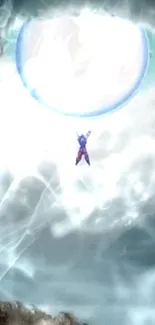 Epic anime character amid glowing spiritual energy in dramatic cloudy sky.