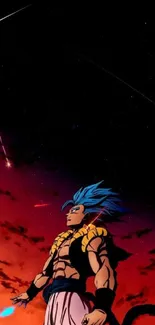 Anime character with blue hair under a red cosmic sky.