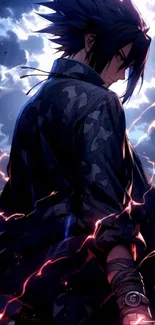 Anime character amidst storm with lightning strikes.