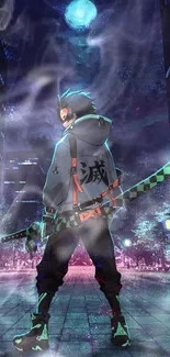 Anime warrior under a full moon in a neon-lit city.