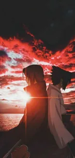 Anime characters with sunset background.