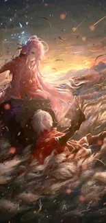 Anime fantasy scene of two characters at sunset.