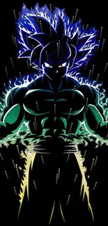 Anime Super Saiyan with glowing energy aura on black background.