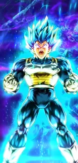 Epic anime Super Saiyan in blue aura wallpaper.