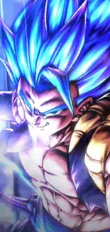 Epic anime Super Saiyan with vibrant blue hair and dynamic energy background.