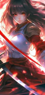 Fierce anime warrior with red sword on fiery background.