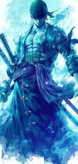 Epic anime sword warrior with blue hues and dynamic pose.