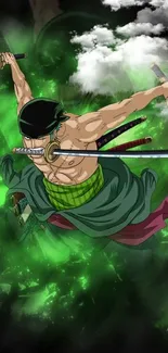 Anime character wielding swords, vibrant green aura.