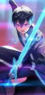 Anime swordsman with glowing blue sword in action pose.