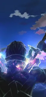 Epic anime swordsman with dual swords under a vibrant, starry night sky.