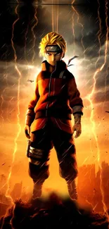 Anime character stands amid a colorful storm.