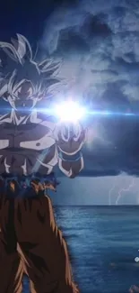 Anime warrior stands against a stormy ocean backdrop with lightning and clouds.