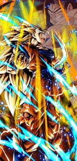 Anime hero in powerful transformation with vibrant glowing effects.