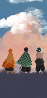 Anime trio overlooking a scenic landscape with vibrant clouds.