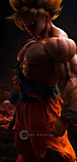 Muscular anime warrior in dynamic pose with fiery background.