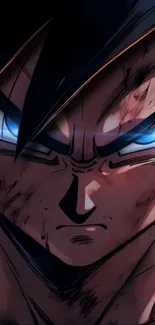 Anime warrior with intense look, dark tones and vivid highlights.