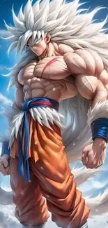 Anime warrior with white hair and muscular build in epic pose.