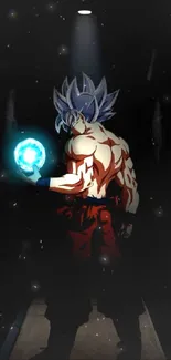 Anime warrior with glowing blue aura on a dark background.