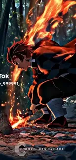 Anime warrior with fiery effects in a forest setting.