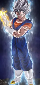 Anime warrior with glowing aura in action pose, vibrant blue and orange hues.