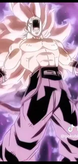 Epic anime warrior releasing power in vibrant purple aura.