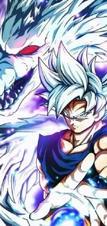 Anime warrior with white hair and mystical creature.