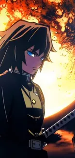 Anime warrior with sword under fiery sky.