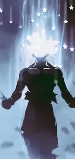 Silhouette of an anime warrior with a glowing blue aura and falling stars.