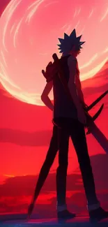 Anime warrior silhouette with sword against a vibrant red sunset.