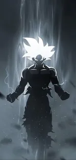 Silhouette of anime warrior with glowing aura.