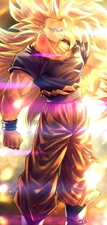 Anime warrior in golden hues with dynamic energy.