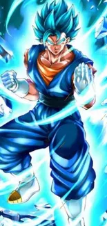 Anime warrior surrounded by a blue aura with dynamic energy.