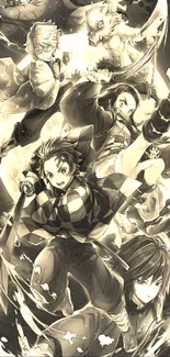 Energetic anime warriors depicted in sepia-tone action scene.