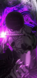 Anime warrior with a sword in a purple and black themed wallpaper.