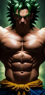 Anime warrior with green hair, muscular build in vibrant fantasy setting.