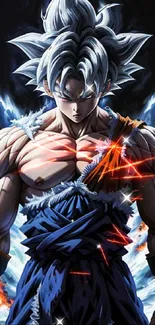 Anime warrior with fiery aura in dynamic pose, vibrant blue theme.