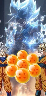 Anime warriors with glowing dragon balls in dynamic art.