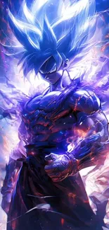 Powerful anime warrior with neon energy and blue aura.