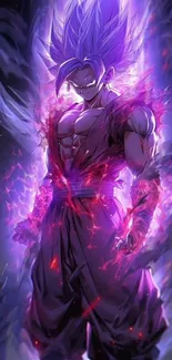 Dynamic anime warrior with purple energy aura, set against a vibrant backdrop.