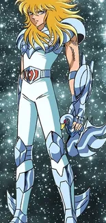 Anime warrior with cosmic armor in a starry background.