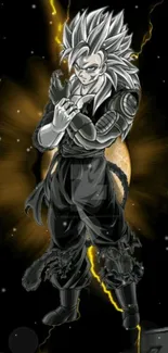 Saiyan warrior stands powerfully with energy aura and lightning on black background.